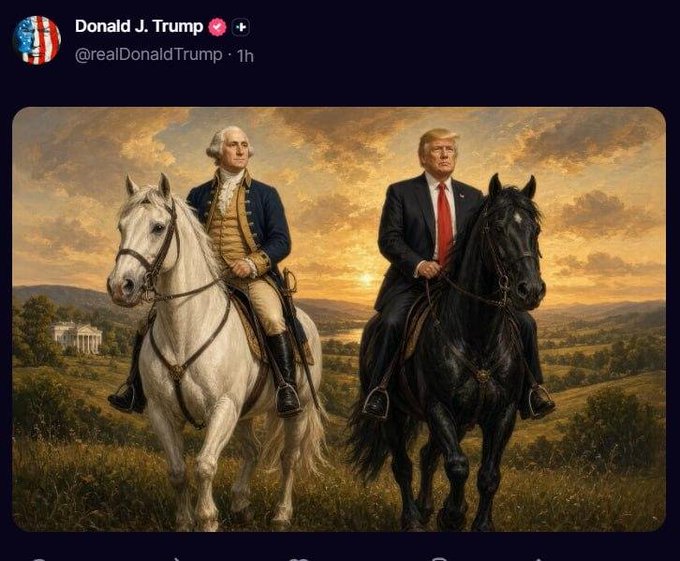 A tweet from Donald J. Trump (@realDonaldTrump) features an artistic painting depicting Trump and George Washington riding horses together across a sunset landscape.