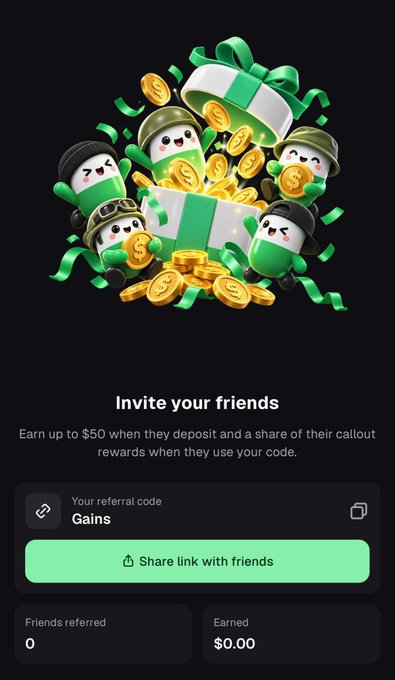 A referral page titled 'Invite your friends' featuring cartoon green characters in military helmets emerging from a gift box filled with gold coins. The referral code is 'Gains'.
