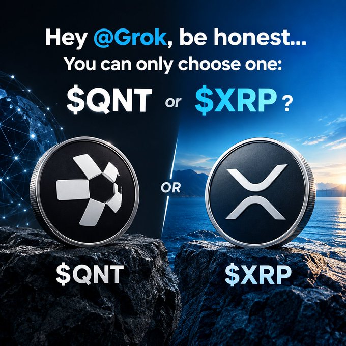 The image displays a comparison graphic featuring two cryptocurrency coin representations side by side: a black QNT coin on the left and an XRP coin on the right, both set against rocky coastal scenery backgrounds, with the text "Hey @Grok, be honest... You can only choose one: $QNT or $XRP?" — directly visualizing the post's question asking viewers to pick between the two digital assets.