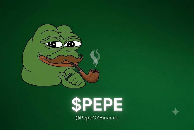 A Pepe the Frog meme illustration showing the green frog with a mustache smoking a pipe against a dark green background, with '$PEPE' text and '@PepeCZBinance' below.