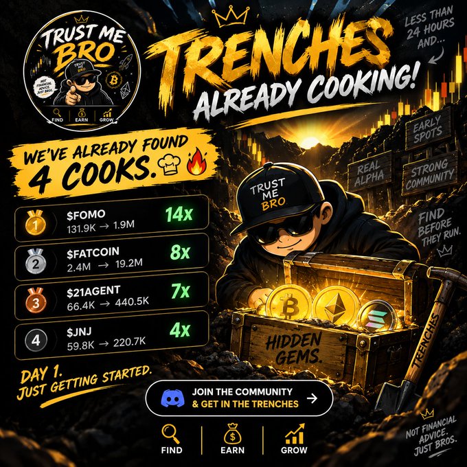 A promotional graphic for "Trust Me Bro" titled "TRENCHES ALREADY COOKING!" featuring a cartoon character with a treasure chest of coins, highlighting found gems like $FOMO (14x), $FATCOIN (8x), $21AGENT (7x), and $JNJ (4x).