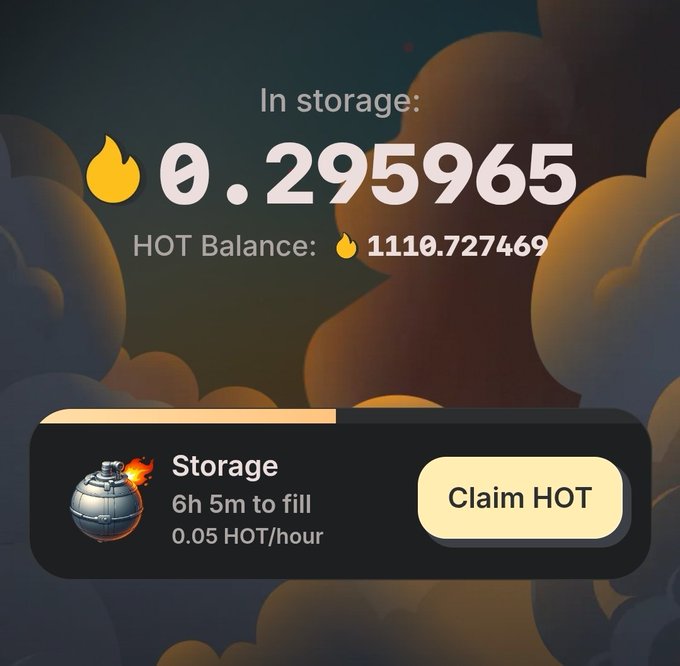 A mobile app screenshot displaying a 'HOT' cryptocurrency balance of 0.295965 with a 'Claim HOT' button and a storage mining progress bar.