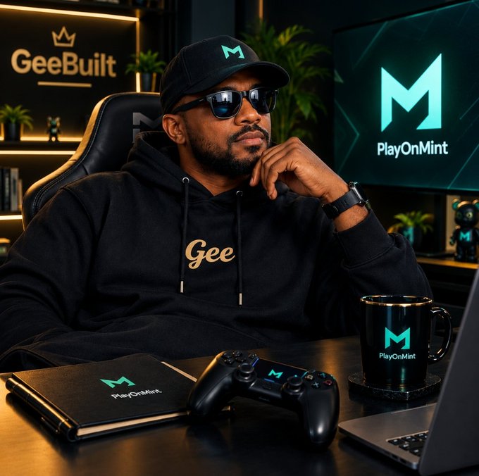 A man wearing a black cap with an 'M' logo, sunglasses, and a 'Gee' hoodie sits at a desk surrounded by 'GeeBuilt' and 'PlayOnMint' branding, with a controller, notebook, and mug displayed.