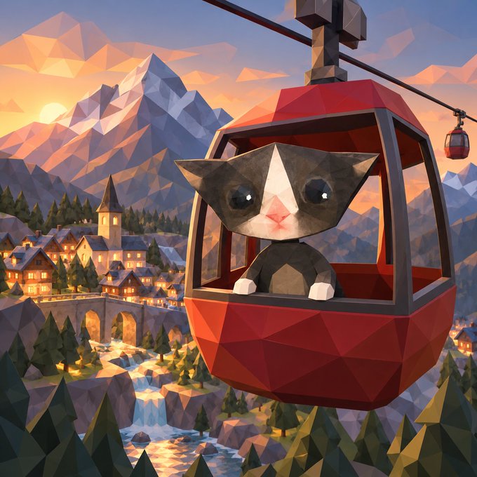 A digital illustration in a low-poly art style shows a tuxedo kitten with large eyes sitting inside a red cable car, with a mountain village and sunset in the background.