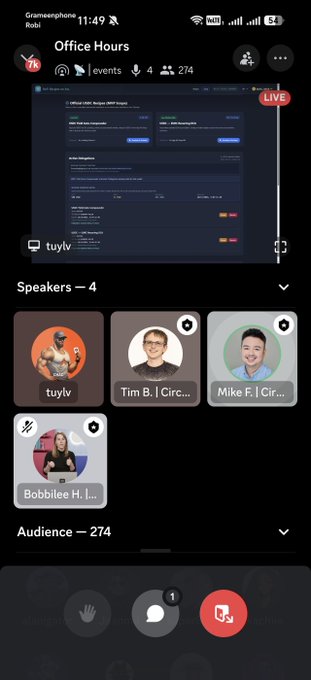 A mobile screenshot of an 'Office Hours' video call interface on Robi's phone showing 274 audience members and 4 speakers (tuylv, Tim B., Mike F., Bobbiie H.) with a 'LIVE' indicator.