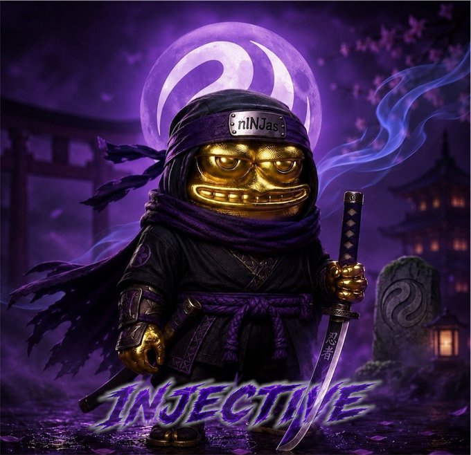 A golden ninja mascot wearing a headband labeled "nINjas" and holding a katana stands against a purple moonlit backdrop, with "INJECTIVE" displayed prominently at the bottom. The post celebrates the user's achievement of placing in the Top 3 Active Member for June in the Injective Vietnamese community, using the ninja imagery to represent their hard work and dedication as a "Cụt" (ninja) contributor.