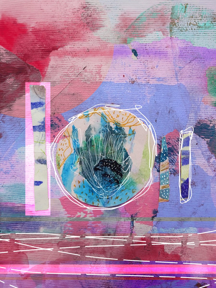 The image features a colorful abstract painting with various shades of pink, blue, green, and purple. The artwork includes elements such as a bird's eye design, a flower, and lines that create a sense of depth and dimension. The painting is displayed on a canvas or paper, which can be seen in the background. The post where this image was posted has a link to an art gallery called "Tale 7 #tezostuesday" with the number "KT1ACg6".