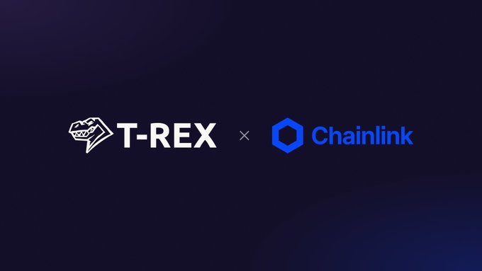 A collaboration graphic featuring the white 'T-REX' logo with a dinosaur skull alongside the blue 'Chainlink' logo on a dark background.