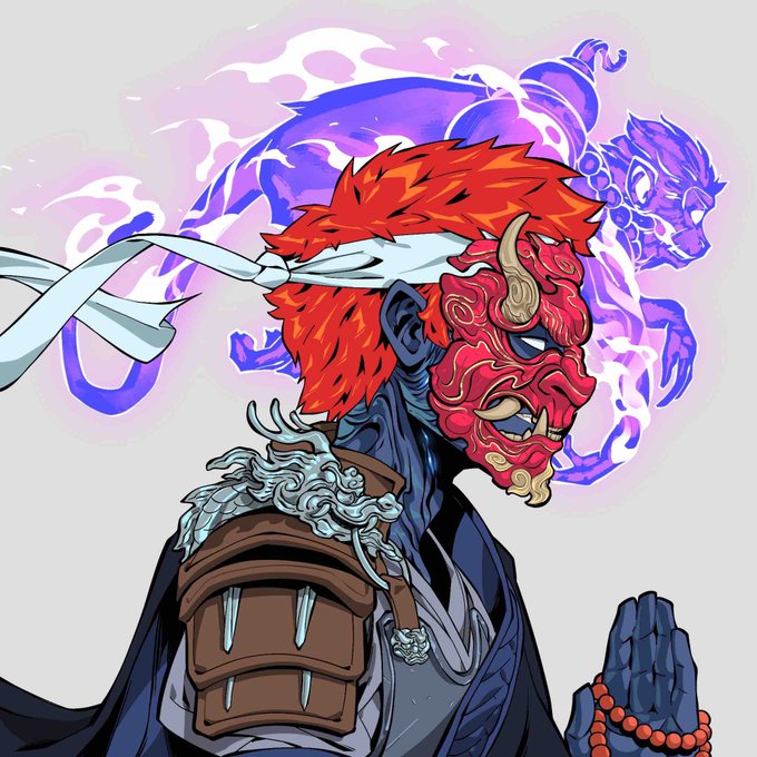 A digital illustration of a character with spiky red hair wearing a red oni mask with horns, a white headband, a brown shoulder guard with a dragon design, prayer beads, and a purple energy tiger spirit in the background.