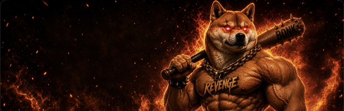 A muscular Shiba Inu warrior with glowing red eyes wields a spiked baseball bat labeled "BONK" over his shoulder against a fiery backdrop, with "REVENGE" emblazoned on his chest—powerfully capturing the $REVENGE meme competition's theme, where the Shiba seeks payback against BonK.