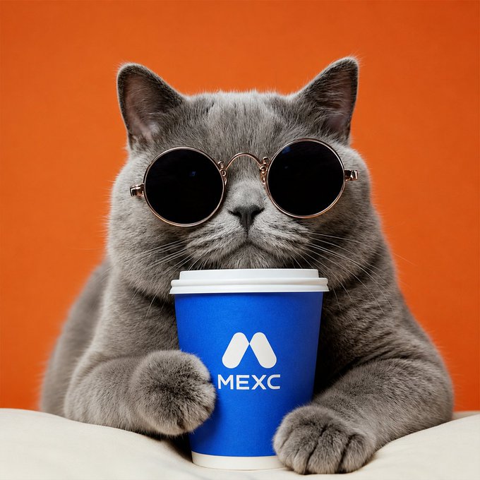 The image features a gray cat wearing sunglasses, holding a blue cup with "MEXC" written on it. The cat appears to be sitting or laying down comfortably while posing for the photo. The background of the image is orange, which contrasts nicely with the gray color of the cat and the blue cup.