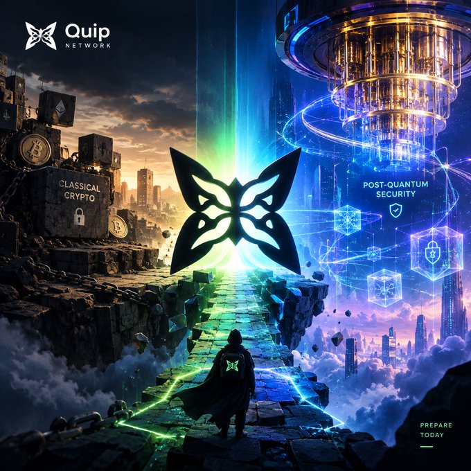 A promotional graphic for "Quip Network" features the butterfly logo centered between "CLASSICAL CRYPTO" on a stone wall and "POST-QUANTUM SECURITY" in a futuristic blue structure, with a hooded figure walking on a glowing path and "PREPARE TODAY" in the corner.