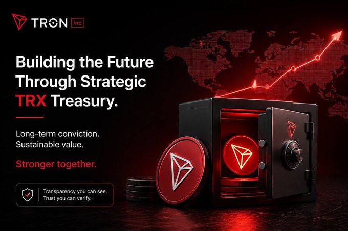 TRON Inc. promotional graphic reading 'Building the Future Through Strategic TRX Treasury' with slogans 'Long-term conviction. Sustainable value. Stronger together.' and a world map with an upward trending arrow.