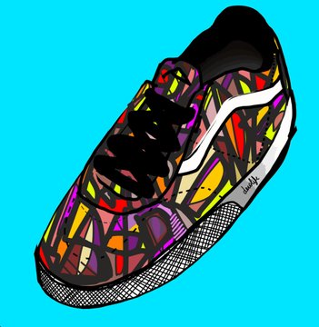 A colorful Vans sneaker with a vibrant stained-glass pattern and black laces is displayed against a bright cyan background, featuring what appears to be the rektguy character's signature style, as referenced in the post's creative collaboration with @Vans and @rektguy.