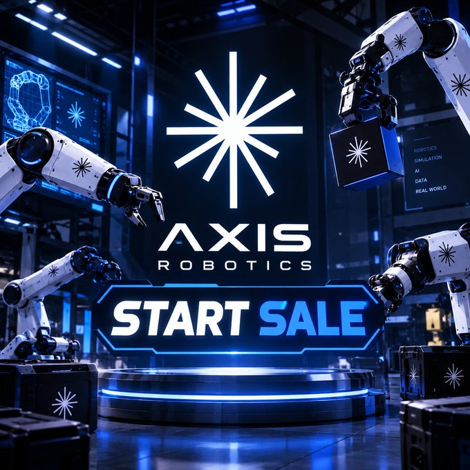 A promotional graphic for 'AXIS ROBOTICS START SALE' featuring the company logo with robotic machinery and screens displaying 'ROBOTICS SIMULATION AI DATA REAL WORLD' in the background.