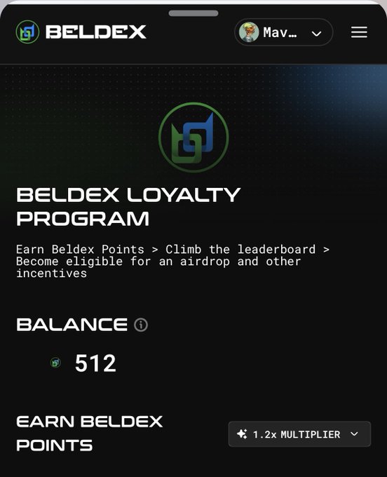 A screenshot of the Beldex Loyalty Program showing a balance of 512 Beldex Points with a 1.2x multiplier option.