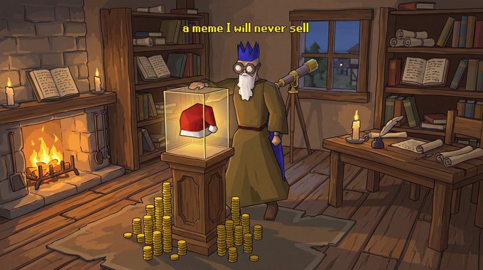 A cartoon illustration of an elderly wizard with a crown and glasses standing in a cozy study next to a display case holding a Santa hat, with stacks of gold coins on the floor and the text 'a meme I will never sell' above.