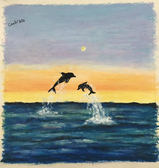 An acrylic painting shows two dolphins leaping from the ocean at sunset, with a small yellow sun in the sky and the signature 'Groli 2026' in the upper left corner.