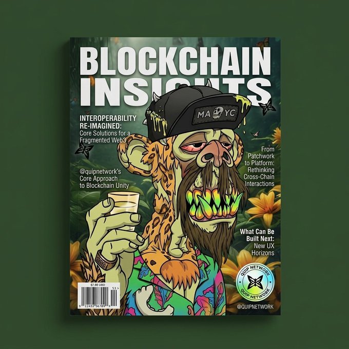 A magazine cover titled 'BLOCKCHAIN INSIGHTS' featuring a cartoonish illustration of a character wearing a 'MAYC' cap. Cover text includes 'INTEROPERABILITY RE-IMAGINED: Core Solutions for a Fragmented Web3', '@quipnetwork's Core Approach to Blockchain Unity', 'From Patchwork to Platform: Rethinking Cross-Chain Interactions', 'What Can Be Built Next: New UX Horizons', and '@QUIPNETWORK'.