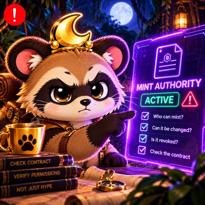 A cartoon red panda wearing a gold crescent moon crown points at a holographic 'MINT AUTHORITY ACTIVE' checklist, sitting next to books labeled 'CHECK CONTRACT,' 'VERIFY PERMISSIONS,' and 'NOT JUST HYPE.'