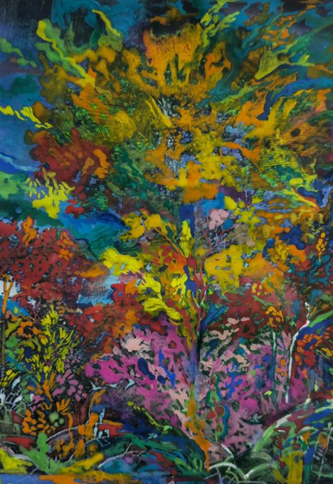 Vibrant, colorful expressionist-style painting of a tree with yellow, orange, red, and green foliage set against a dark blue background.