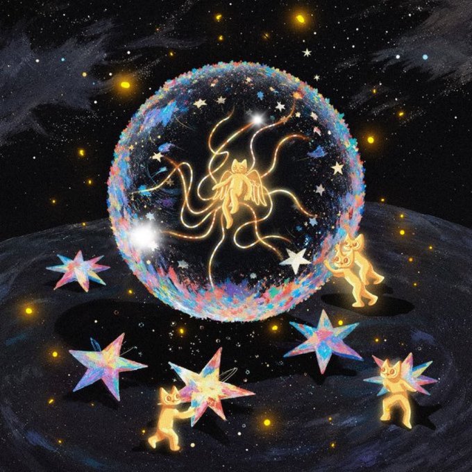 A whimsical illustration of small glowing cat-like figures and colorful stars surrounding a translucent cosmic sphere in a starry night sky.