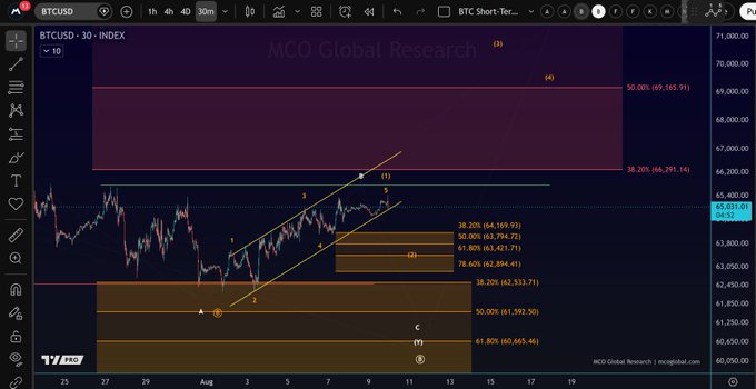 A TradingView chart displaying BTCUSD on a 30-minute timeframe shows Bitcoin's price action within an ascending channel, marked with Elliott Wave labels (1-5) and Fibonacci retracement levels (38.20%, 50.00%, 61.80%, 78.60%) between key zones at $66,165 and $62,694, supporting the analysis that BTC could form a top in wave (1) near the $66,000 resistance level.