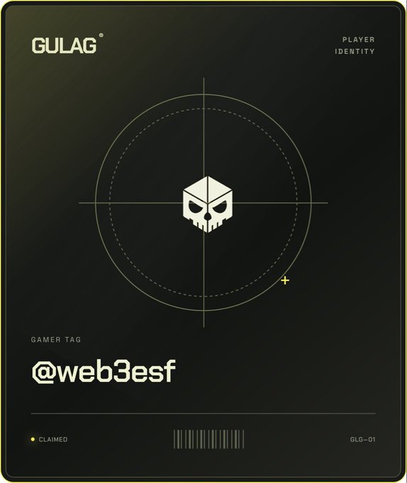 A dark-themed digital gaming card titled 'GULAG' with a skull logo, displaying the gamer tag '@web3esf' as a claimed player identity card.