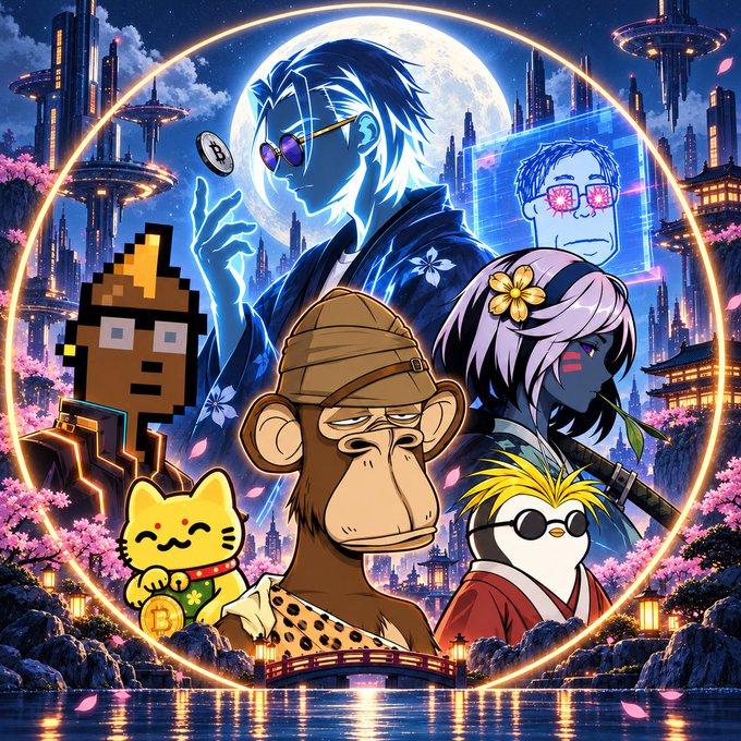 A vibrant AI-generated artwork featuring a man with sunglasses, a pixelated figure, a Bored Ape NFT, a Hello Kitty character, and a cyberpunk cityscape with cherry blossoms and a large moon.