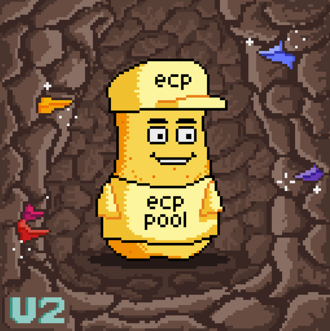 A pixel art illustration depicts a yellow capsule-shaped character wearing a cap and shirt both labeled "ecp", with "ecp pool" on the shirt, standing in a rocky cave with crystals. The "U2" logo appears in the bottom left corner.