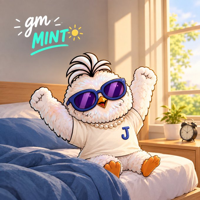 A cartoon fluffy white bird character wearing purple sunglasses and a pearl necklace with a 'J' pendant stretches in bed, with the text 'gm MINT' displayed on the wall.