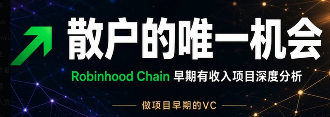 A bold Chinese-language promotional banner titled "散户的唯一机会" (Retail Investors' Only Chance) features a green upward arrow alongside the subtitle "Robinhood Chain 早期有收入项目深度分析" (In-depth Analysis of Early Revenue Projects on Robinhood Chain) and tagline "做项目早期的VC" (Be the VC at the Project's Early Stage), directly supporting the post's argument that retail investors can access early-stage VC-style opportunities on Robinhood Chain.