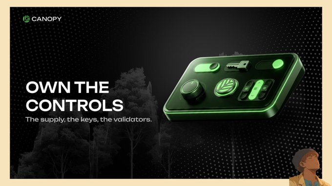 A Canopy promotional banner reading 'OWN THE CONTROLS - The supply, the keys, the validators' featuring a green-lit control device on a dark background with a forest silhouette.