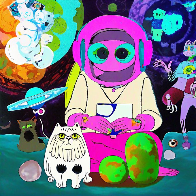 A colorful, surreal digital illustration of a pink astronaut-like character playing a video game, surrounded by cats, planets, and other whimsical elements against a cosmic background.