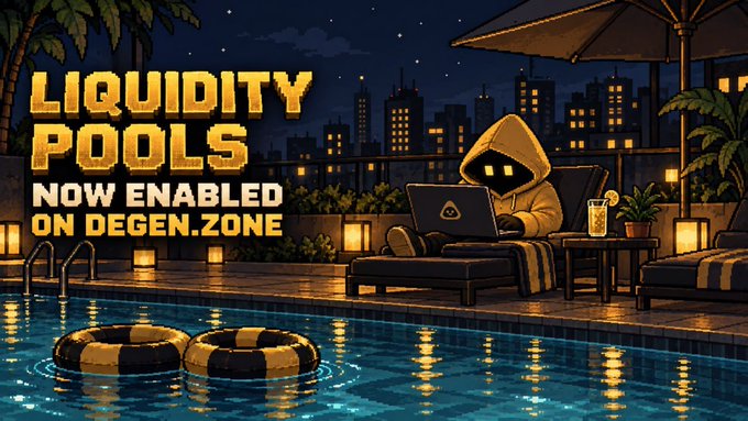 A retro pixel art promotional graphic reading 'LIQUIDITY POOLS NOW ENABLED ON DEGEN.ZONE', showing a hooded figure with a laptop by a nighttime poolside with a city skyline.