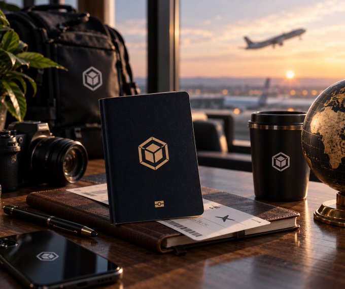 A flat lay composition on a desk with a notebook, passport, camera, coffee cup, and phone—all featuring a cube logo—set against an airport window backdrop with a plane taking off at sunset.