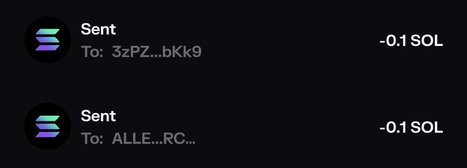 A screenshot showing two Solana transactions of -0.1 SOL each sent to addresses "3zPZ...bKk9" and "ALLE...RC...", aligning with the post's giveaway where followers who like and turn on notifications receive 0.1 SOL.