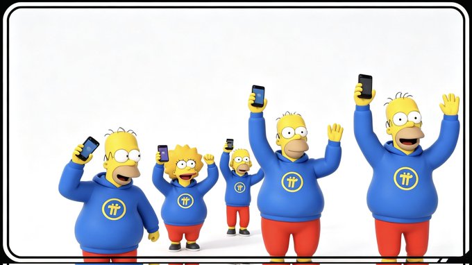 The image shows five Simpson-like cartoon characters wearing matching blue Pi Network hoodies (featuring the Pi logo) and red pants, holding up smartphones with excited expressions.

The caption playfully reinforces the post's message: A group of cartoon characters enthusiastically celebrate while holding up phones, all wearing Pi Network apparel—visually representing the "group of millionaires" referenced in the caption as early believers who seized the Pi Network opportunity.