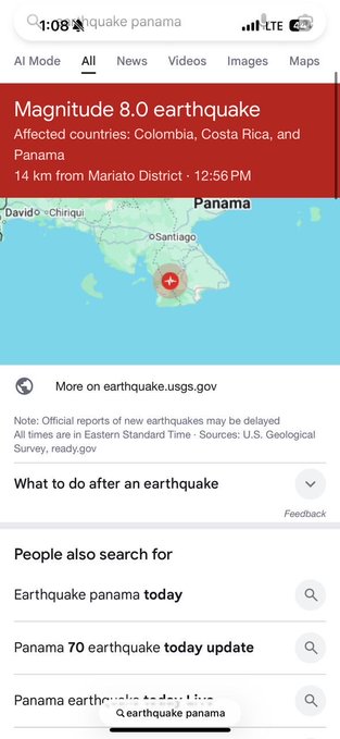 A mobile Google search result displays a 'Magnitude 8.0 earthquake' alert affecting Colombia, Costa Rica, and Panama, located 14 km from Mariato District, alongside a map.