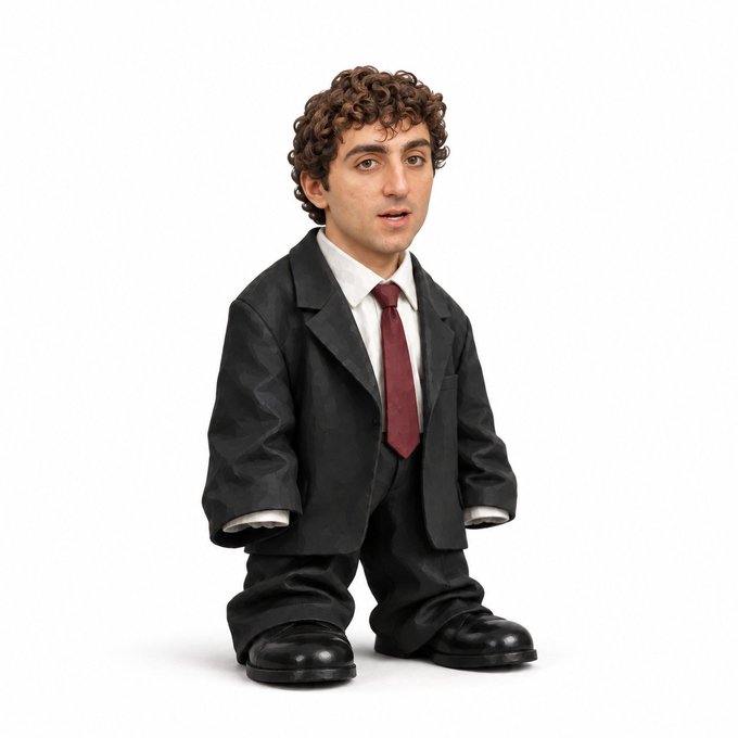 A 3D render of a stylized figurine depicting a man with curly brown hair, wearing a black suit, white shirt, and maroon tie, standing against a white background.