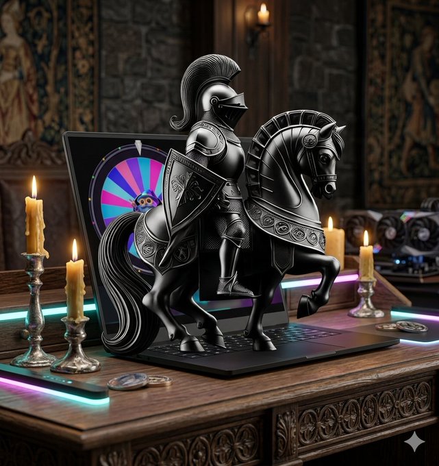 The image shows a scene with two candles on a desk next to an open laptop computer that displays a spinning wheel, possibly a roulette wheel or a wheel of fortune theme game. There are also multiple coins present on the table. A statue of a man wearing armor is placed in front of the laptop and another one can be seen standing on its hind legs, as if it's engaging with something inside the device. The background features wall hangings.