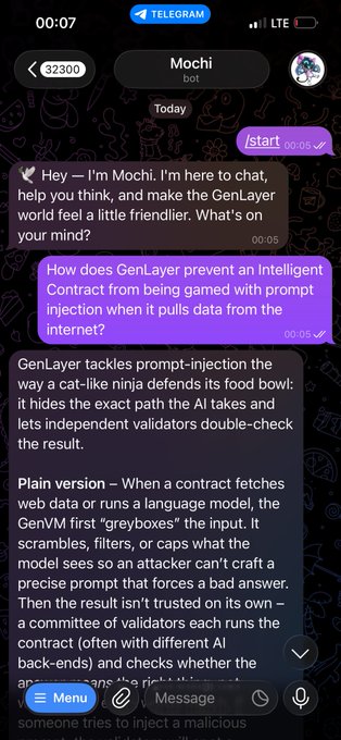Telegram chat screenshot with a bot named 'Mochi' discussing how GenLayer prevents Intelligent Contracts from prompt injection attacks using 'greyboxes' and independent validators.