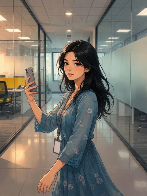 An anime-style illustration of a young woman with long dark hair wearing a blue floral dress and ID lanyard, taking a selfie with her phone in a modern glass-walled office hallway.