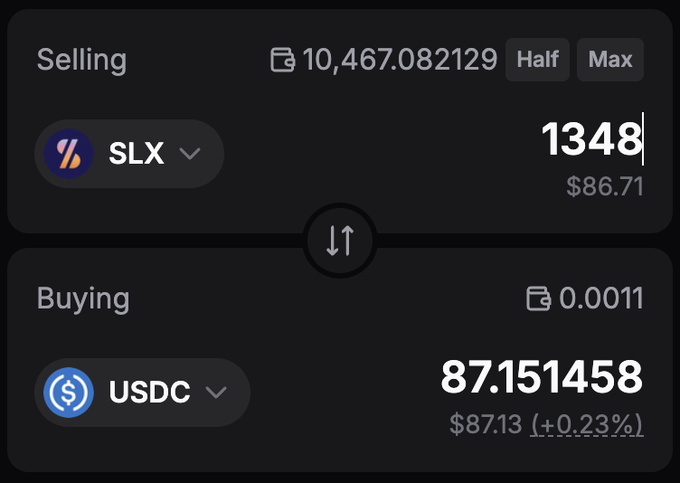 A crypto swap interface shows selling 1,348 SLX tokens ($86.71) for 87.151458 USDC ($87.13), with SLX's wallet balance at 10,467.082129. The post references the user still claiming 1.3k $SLX daily worth $90, matching the quantity of SLX being sold in this trade.