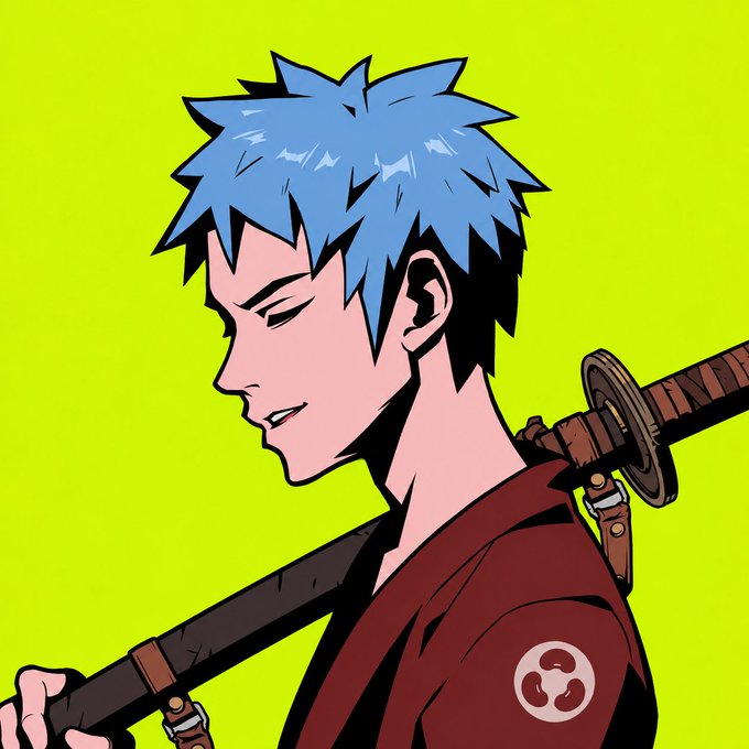 An anime-style illustration of a blue-haired samurai character in profile, wearing a maroon kimono with a mitsudomoe crest, carrying a katana on his back against a bright yellow-green background.