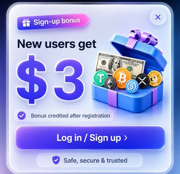 A promotional pop-up offers new users a "$3" sign-up bonus, featuring a gift box filled with cash and cryptocurrency coins alongside a "Log in / Sign up" button, aligning with the post's instructions to claim a free $3 bonus upon registration.