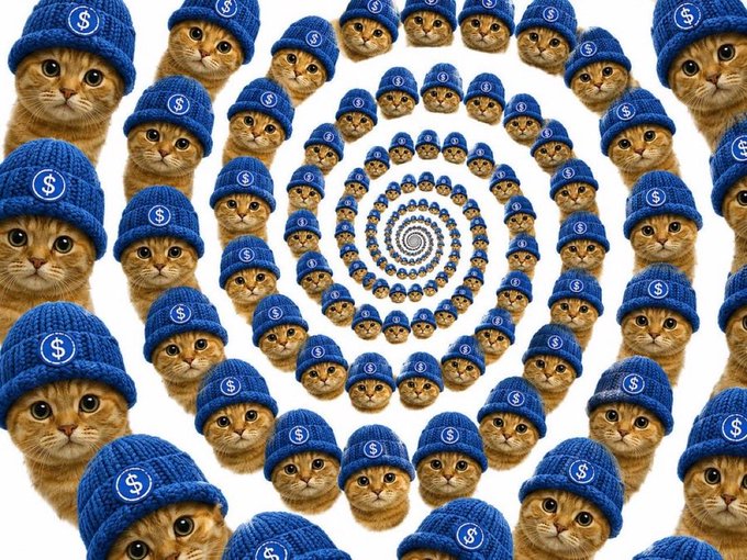 A hypnotic spiral of orange tabby kittens wearing blue beanies emblazoned with "$" symbols, visually amplifying the meme's message of spotting an early opportunity in the crypto token $CATWIF at just 1 million market cap, with hopes of replicating the 430 million run previously called on $ansem.
