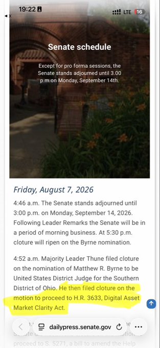 A mobile screenshot from 'dailypress.senate.gov' displays the Senate schedule for Friday, August 7, 2026, with a highlighted sentence reading: 'He then filed cloture on the motion to proceed to H.R. 3633, Digital Asset Market Clarity Act.'