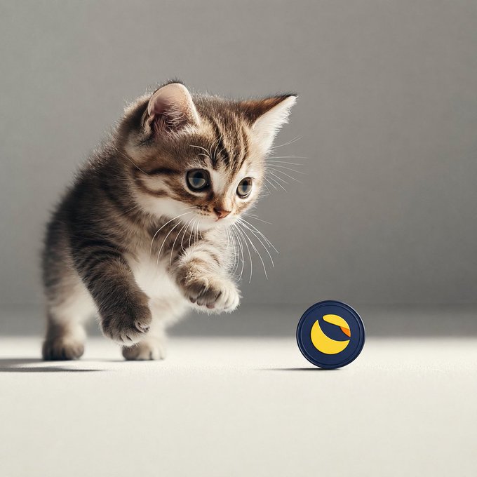 An adorable tabby and white kitten stands playfully on a light surface, looking down at a small round toy with a yellow crescent design.