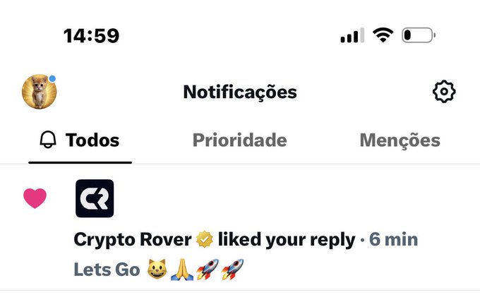 A smartphone screenshot of a Twitter notifications page in Portuguese showing 'Notificações' with tabs for Todos, Prioridade, and Menções. A notification indicates that Crypto Rover liked the user's reply saying 'Lets Go' with cat, prayer, and rocket emojis, timestamped 6 min ago.